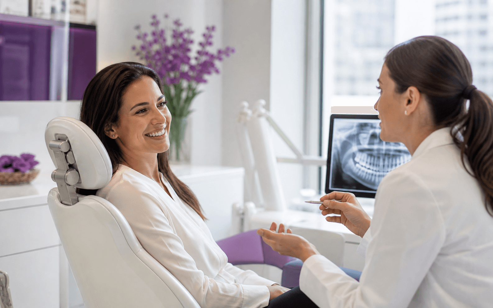 Illustrative rendering of a comfortable cosmetic dentistry consultation