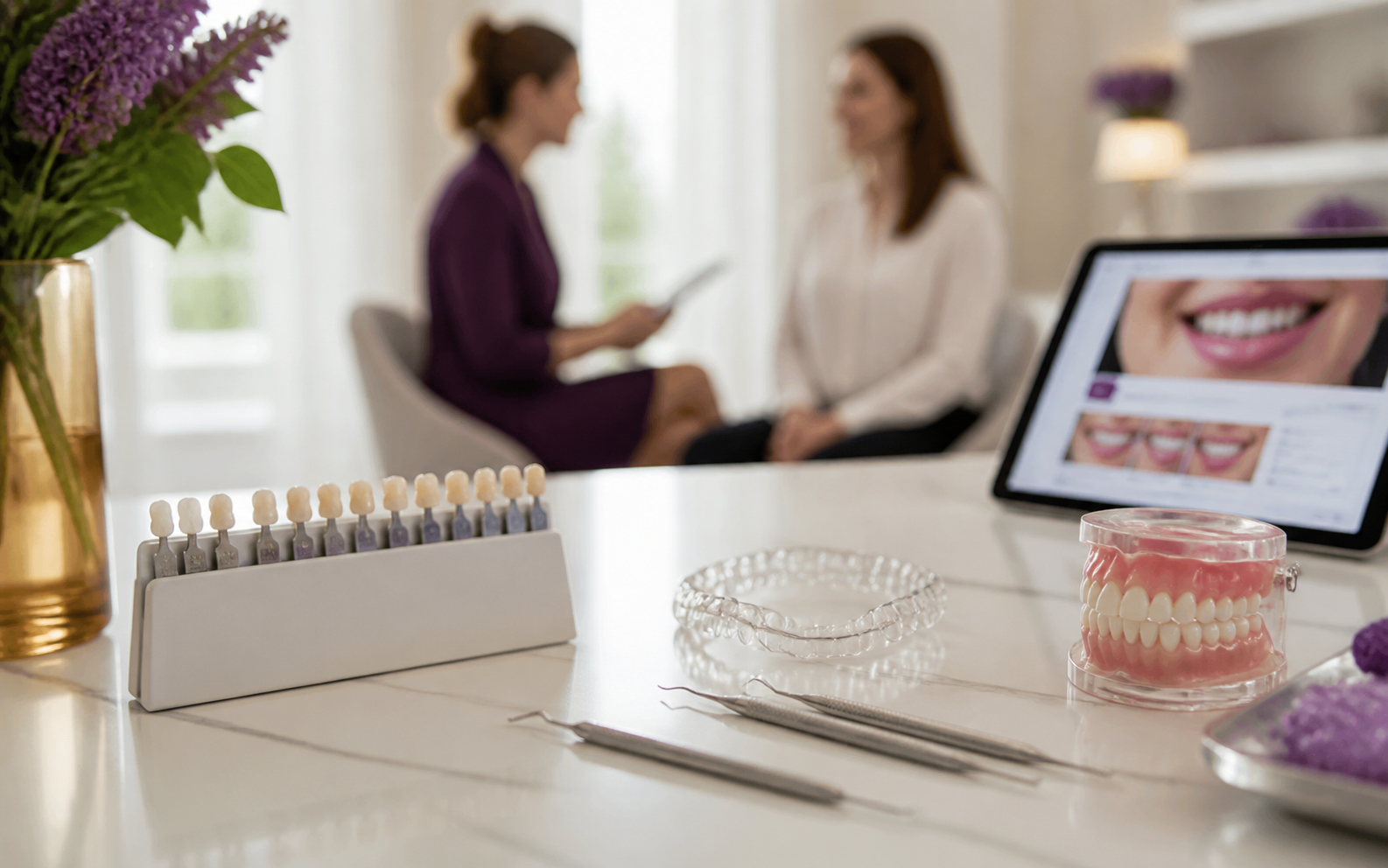 Cosmetic dental treatment options including a shade guide and clear aligners